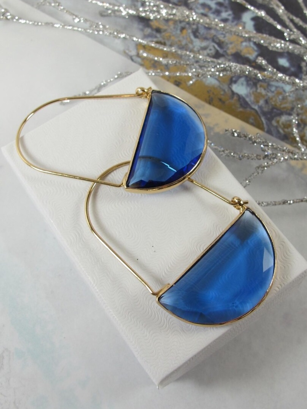 Blue Semi-Circle Hoop Glass Earrings